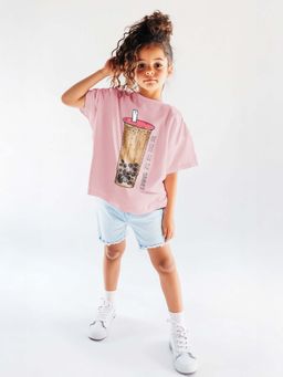 Nautinati - Girls Sticker Print Cotton Oversized T-shirt