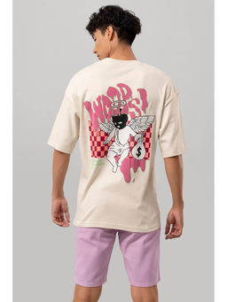 Snitch - Beige Graphic Print Half Sleeves Oversized Casual T-shirt
