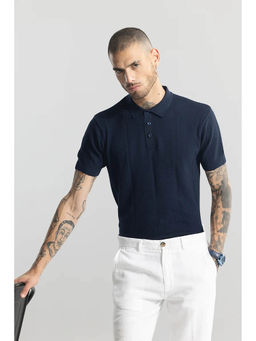 Snitch - Navy Blue Textured Half Sleeves Slim Polo T-shirt