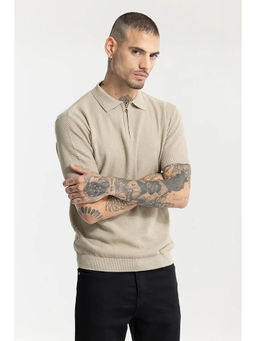 Snitch - Beige Textured Half Sleeves Slim Polo T-shirt
