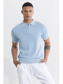 Snitch - Light Blue Textured Self-Design Half Sleeves Slim Polo T-shirt