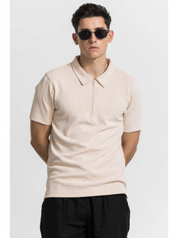 Snitch - Cream Textured Half Sleeves Slim Polo T-shirt