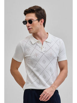 Snitch - White Self-Design Knitted Half Sleeves Slim Polo T-shirt