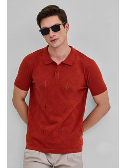Snitch - Red Self-Design Knitted Half Sleeves Slim Polo T-shirt