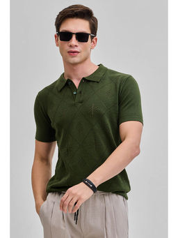Snitch - Olive Green Self-Design Knitted Half Sleeves Slim Polo T-shirt