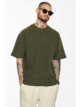Snitch - Olive Solid Half Sleeves Oversized Casual T-shirt