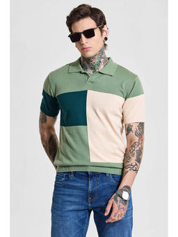 Snitch - Sage Green Colorblock Half Sleeves Slim Polo T-shirt