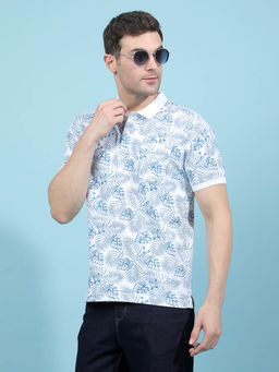 CRIMSOUNE CLUB - Men Blue Floral Print Polo Neck T-shirt