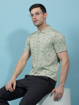 CRIMSOUNE CLUB - Men Green Floral Print Polo Neck T-shirt