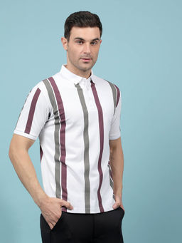 CRIMSOUNE CLUB - Men Multi-Color Vertical Stripes Polo Neck T-shirt