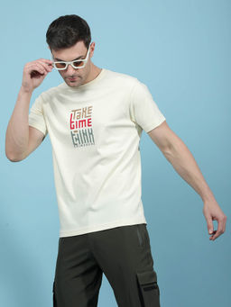 CRIMSOUNE CLUB - Men Cream Typography T-shirt