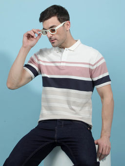 CRIMSOUNE CLUB - Men Multi-Color Horizontal Stripes Pure Cotton Polo T-shirt