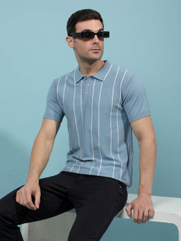CRIMSOUNE CLUB - Men Blue Vertical Stripes Polo Neck T-shirt