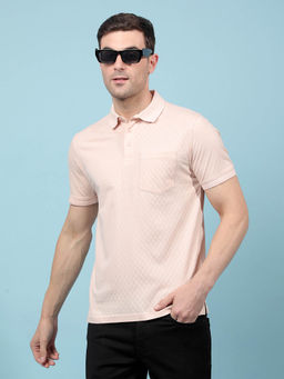 CRIMSOUNE CLUB - Men Peach Jacquard Pure Cotton Polo Neck T-shirt