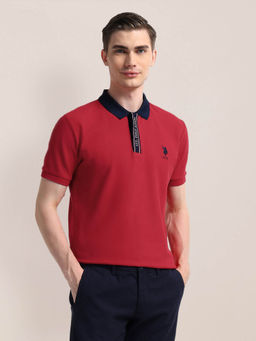 U.S. POLO ASSN. - Red Solid Slim Fit Polo T-shirt