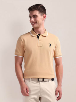 U.S. POLO ASSN. - Beige Tipped Slim Cotton Polo T-shirt