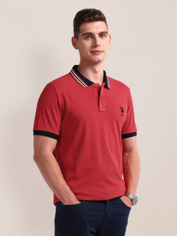 U.S. POLO ASSN. - Red Solid Slim Fit Polo T-shirt