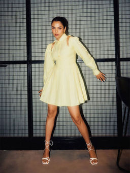 THNWHN - Yellow Lemon Pleated Shirt Dress