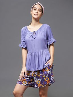 Miss Chase - Women Lavender Round Neck Short Sleeve Floral Short Top & Shorts Sets