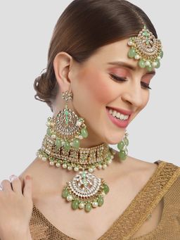 Karatcart - Gold Plated Light Green Tumble and Pearl Studded Choker Necklace (Set of 3)