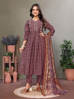 Rangita - Women Mauve Embroidered Calf Length Flared Kurta with Pant & Dupatta (Set of 3)