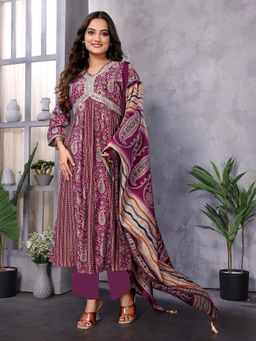 Rangita - Women Purple Embroidered Calf Length Anarkali Kurta with Pant & Dupatta (Set of 3)