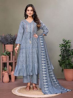 Rangita - Women Grey Embroidered Calf Length Flared Kurta with Pant & Dupatta (Set of 3)