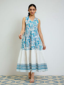 Rustorange - Ocean Blue Sanganeri Printed Cotton Tier Dress