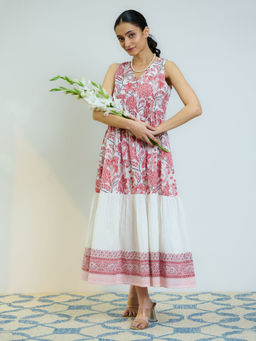 Rustorange - Peach Red Sanganeri Printed Cotton Tier Dress