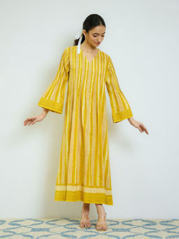 Rustorange - Mango Yellow Cotton A-Line Dress with Pintuck Detail