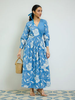 Rustorange - Sky Blue Ayesha Cotton Overlap Dress with Hand Embroidery Detail