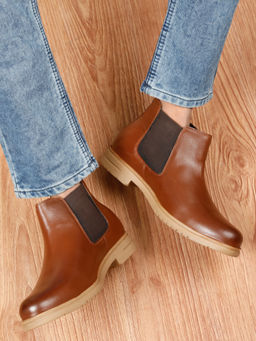 Teakwood - Men Tan Solid Leather Chelsea Boots