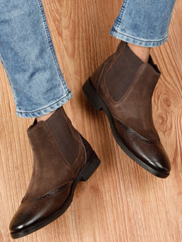 Teakwood - Men Brown Suede Leather with Laser Cut High-Top Chelsea Boots