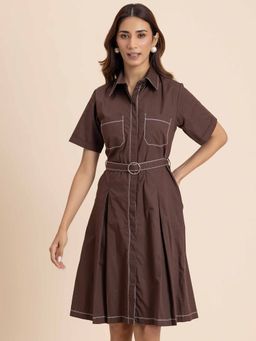 Moomaya - Womens Brown Short Sleeve Cotton Shirt Dress