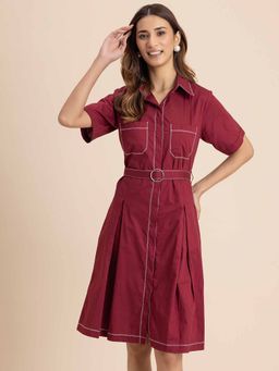 Moomaya - Womens Maroon Short Sleeve Cotton Shirt Dress