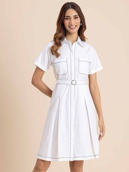 Moomaya - Womens White Short Sleeve Cotton Shirt Dress