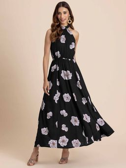 Moomaya - Black Halter Neck Fit and Flare Maxi Dress