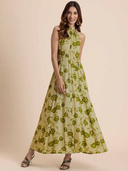 Moomaya - Olive Halter Neck Fit and Flare Maxi Dress