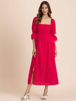 Moomaya - Magenta Square Neck Smocked Midi Dress
