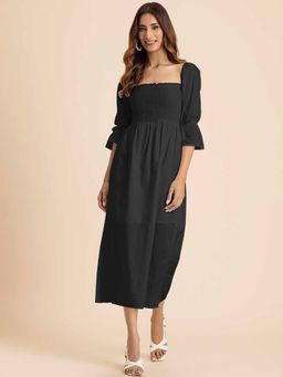 Moomaya - Black Square Neck Smocked Midi Dress