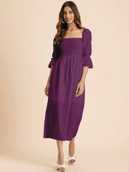Moomaya - Purple Square Neck Smocked Midi Dress