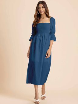Moomaya - Teal Square Neck Smocked Midi Dress