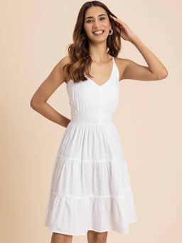 Moomaya - White Knee-Length Tiered Cotton Dress