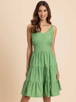 Moomaya - Green Knee-Length Tiered Cotton Dress