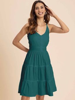 Moomaya - Teal Knee-Length Tiered Cotton Dress