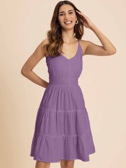 Moomaya - Lavender Knee-Length Tiered Cotton Dress