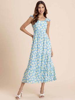 Moomaya - Blue Printed Sleeveless Midi Dress with Pockets