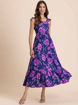 Moomaya - Indigo Printed Sleeveless Midi Dress with Pockets