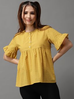 SHOWOFFFF - Womens Geometric Round Neck Mustard Peplum Regular Top
