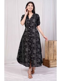 Doriyaan - Womens Pure Cotton Black Floral Front Button A-Line Midi Dress